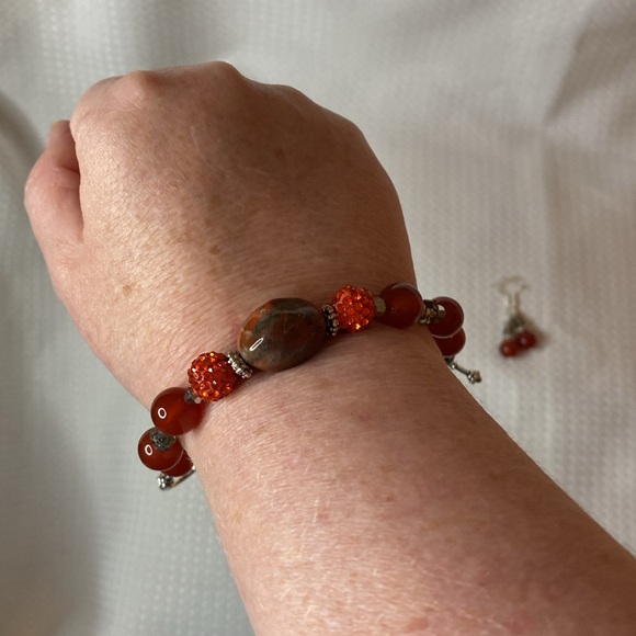 Handcrafted Carnelian and Crystal Bracelet and Earring Set - Picture 7 of 7